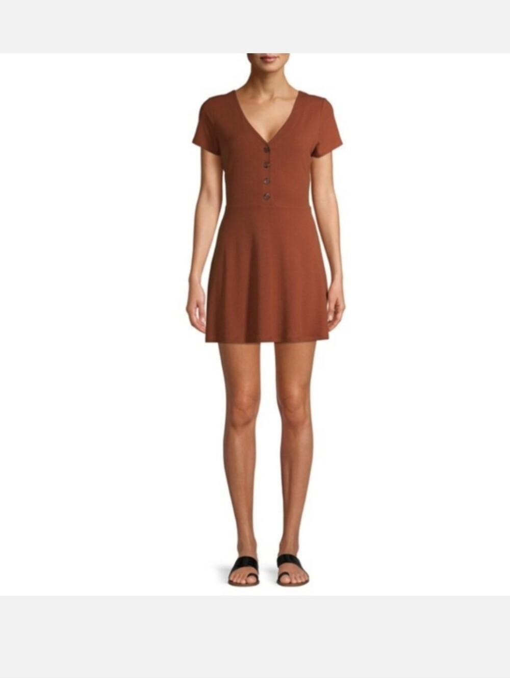 No Boundaries Short Sleeve V-Neck Button Mini Dress in Rust